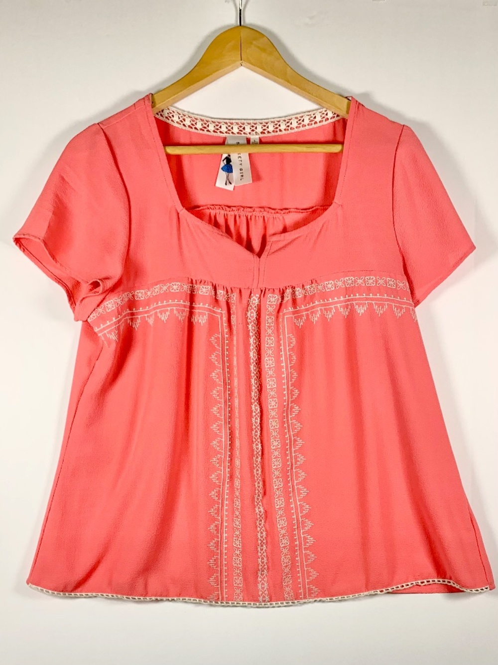 Society Girl Boho Blouse Coral Pink Square Neck Short Sleeve Pink Crochet Lace